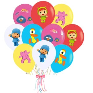 May include: A bouquet of colorful balloons featuring cartoon characters. The balloons are in various colors, including red, yellow, blue, pink, and white. Each balloon has a different character design, perfect for a birthday party or celebration.