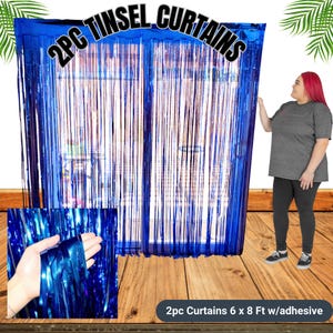 May include: Blue tinsel curtains with the text "2PC TINSEL CURTAINS" across the top. The curtains are 6 feet by 8 feet and have an adhesive backing. A close-up shows the tinsel strands.