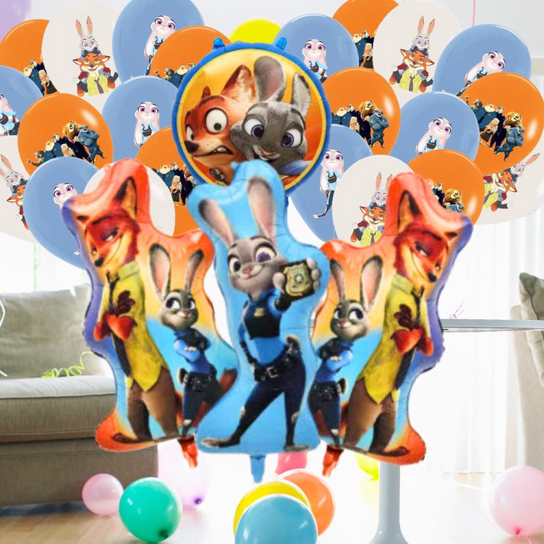 May include: A selection of colourful balloons featuring characters from the animated film Zootropolis. The balloons include character-shaped foil balloons of Judy Hopps and Nick Wilde, and round balloons with character images in blue, orange, and white.