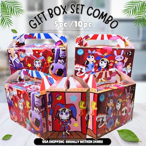 May include: A set of four cardboard gift boxes featuring colorful cartoon illustrations of jester-like characters and various whimsical figures. The boxes have integrated handles and are printed with red, blue, and purple patterns. Text reads GIFT BOX SET COMBO 5pc / 10pc.