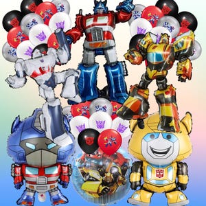 May include: A collection of Transformers-themed balloons, including large character inflatables of Optimus Prime, Bumblebee, and others. The balloons are red, blue, yellow, and silver, with various Transformers logos and designs. Perfect for a birthday party or themed event.