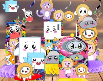 May include: A collection of colorful cartoon character decorations, including a shark, bear, cloud, and robot, with various shapes and designs. The decorations are arranged on a wooden surface with honeycomb centerpieces and colorful streamers, suitable for a party or celebration.