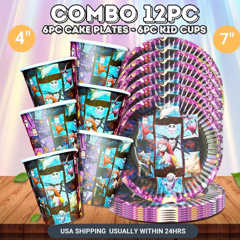 Pu&ograve; includere: Un set combinato di 6 piatti da torta e 6 bicchieri per bambini. I piatti e i bicchieri presentano un design colorato con personaggi. I piatti hanno un diametro di 17,78 cm e i bicchieri sono alti 10,16 cm. Il testo "COMBO 12PC" &egrave; in alto.