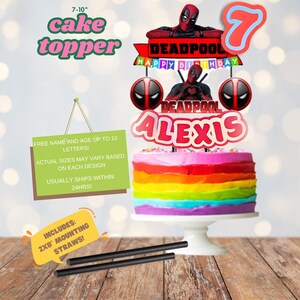 Puede incluir: Un adorno para pastel con tem&aacute;tica de Deadpool con el nombre "Alexis" y el n&uacute;mero 7. El pastel tiene un dise&ntilde;o de arco&iacute;ris. Incluye pajitas de montaje. El adorno mide 17,78-25,4 cm.