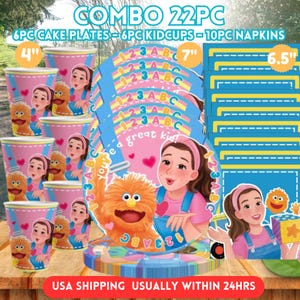 May include: A 22-piece party set includes 6 cake plates, 6 kid cups (4" tall), and 10 napkins (6.5" x 6.5"). The set features a cartoon girl and a furry orange monster. The cake plates are 7" in diameter and have a colorful design with numbers and letters.