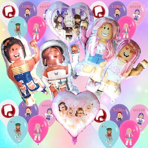 May include: A collection of colorful balloons featuring Roblox characters and heart-shaped foil balloons. The balloons are in shades of pink, blue, purple, and white, perfect for a birthday party or themed event.