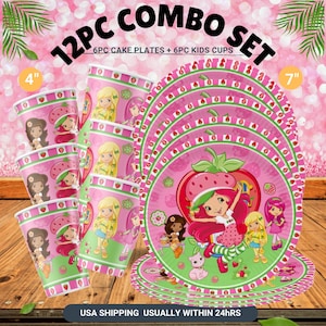 May include: A 12-piece combo set featuring pink paper plates and cups with a strawberry theme. The set includes 6 cake plates (7 inches) and 6 kids cups (4 inches). The cups and plates have illustrations of a strawberry girl.