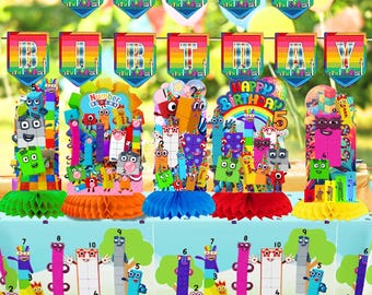 Mesa y espirales colgantes de Numberbloks con diseño de panal para decoración de fiestas temáticas, centro de mesa, artículos para cumpleaños, baby shower (niño o niña).