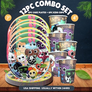 May include: A 12-piece combo set featuring 6 cake plates and 6 kids cups. The plates are 7 inches in diameter and the cups are 4 inches tall. Each item is decorated with colorful cartoon characters. The set is designed for children's parties.