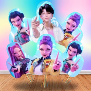 May include: A digital art image featuring six stylized figures with vibrant hair colors and futuristic clothing. The figures are arranged in a dynamic composition, with some pointing and gesturing. The background has a gradient of pastel colors.