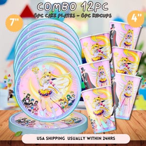 May include: A combo set of 12-piece party supplies, including 6 cake plates (7 inches) and 6 kid cups (4 inches). The plates and cups feature a colorful anime design with a central character and other characters.