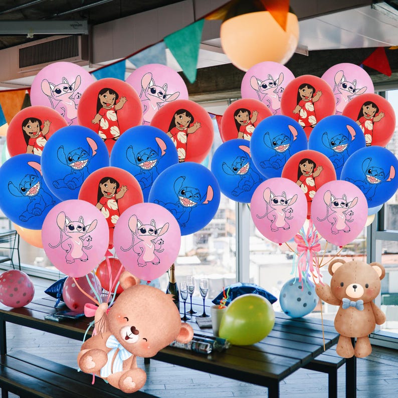 May include: A collection of colorful balloons featuring cartoon characters, including Stitch and Lilo, in red, blue, and pink. A teddy bear with a blue bow tie is also present, along with other party decorations.