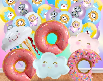 May include: A collection of colorful balloons and foil balloons in the shape of donuts and clouds. The balloons feature cartoon characters and a pink and white color scheme, perfect for a party or celebration.