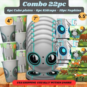 May include: A 22-piece party set includes 6 cake plates (7" diameter), 6 kid cups (4" tall), and 10 napkins (6.5" square). The plates and cups feature a robot design with teal accents. The napkins have a forest scene with animals.