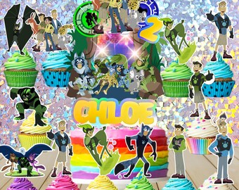 May include: A birthday cake with the name "CHLOE" on it, surrounded by cupcakes and character cutouts. The cake has a rainbow design, and the cupcakes have various frosting colours. The image has a glittery background.