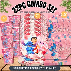 May include: A 22-piece combo set featuring pink party supplies with a cartoon character theme. Includes 6 cake plates (7" diameter), 6 kids cups (4" tall), and 6.5" napkins. The set has a pink and white color scheme with character illustrations.