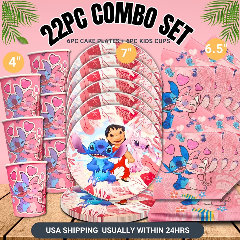May include: A 22-piece combo set featuring pink party supplies with a cartoon character theme. Includes 6 cake plates (7" diameter), 6 kids cups (4" tall), and 6.5" napkins. The set has a pink and white color scheme with character illustrations.
