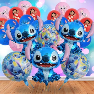 May include: A collection of colorful balloons featuring the character Stitch from the animated film. The balloons include foil Stitch figures, round balloons with Stitch and Lilo, and other character-themed balloons in blue, pink, and red.