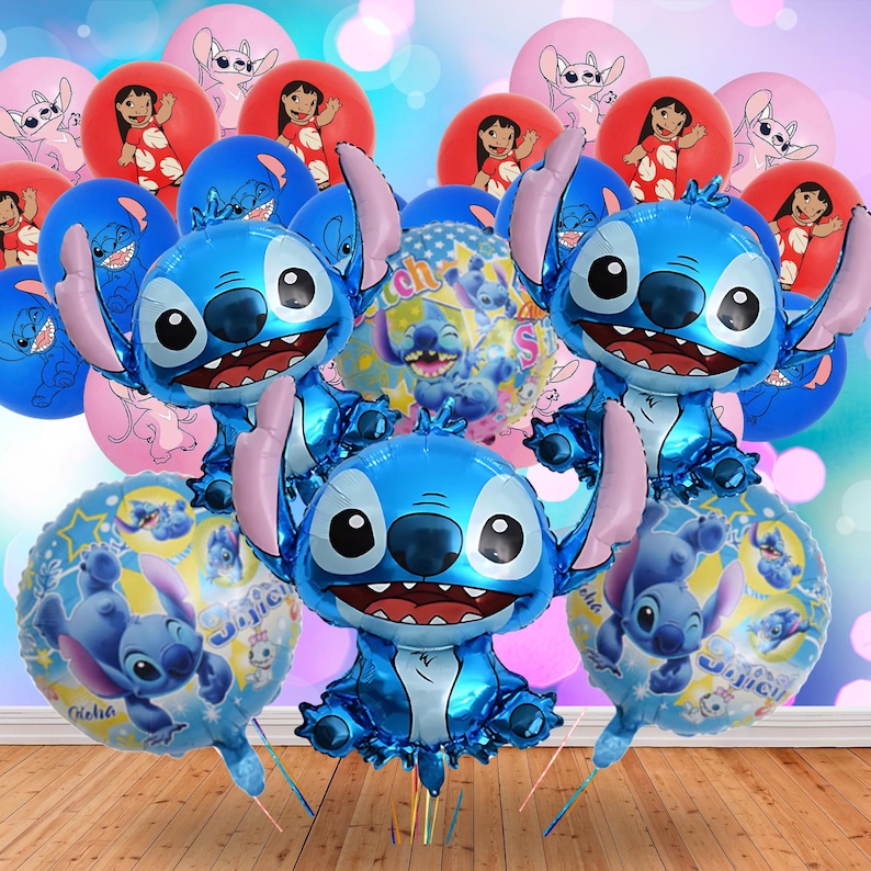 May include: A collection of colorful balloons featuring the character Stitch from the animated film. The balloons include foil Stitch figures, round balloons with Stitch and Lilo, and other character-themed balloons in blue, pink, and red.