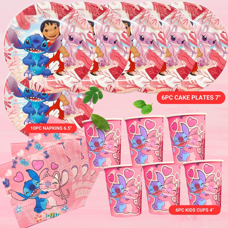 May include: A party supplies set featuring a cartoon theme. The set includes six 7-inch cake plates, six 4-inch kids cups, and ten 6.5-inch napkins. The plates and napkins have a pink and red floral design. The cups and napkins feature cartoon characters.
