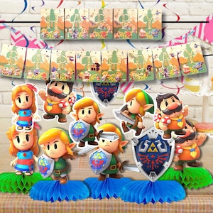 May include: A collection of video game-themed party decorations. The image features character figurines, shield cutouts, and banner cutouts. The figurines are standing on blue honeycomb centerpieces. The banner has a green and orange background.
