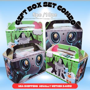 May include: Gift box set combo with robot and forest designs. The boxes have a green and white color scheme with a handle on top. The text "GIFT BOX SET COMBO" and "5pc/10pc" is visible.