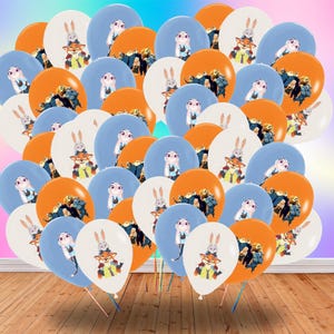 May include: A cluster of balloons in orange, white, and blue, each printed with characters from the film Zootropolis. These balloons are ideal for a children's party or event, featuring popular animated characters.
