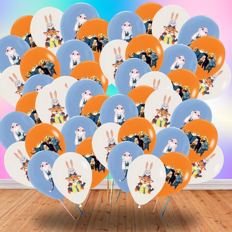 May include: A cluster of balloons in orange, white, and blue, each printed with characters from the film Zootropolis. These balloons are ideal for a children's party or event, featuring popular animated characters.