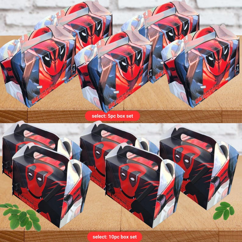 May include: A collection of Deadpool-themed gift boxes in red, black, and white. The boxes display the character's mask and costume. The image shows two sets: one marked "select: 5pc box set" and another "select: 10pc box set".