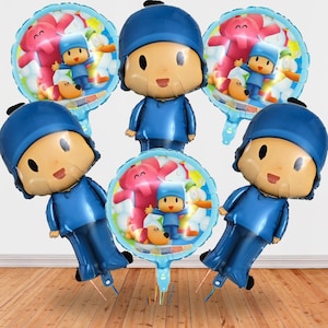 May include: A collection of blue foil balloons featuring the cartoon character Pocoyo. Some balloons are shaped like Pocoyo, while others are round with images of Pocoyo, his friends, and a dog. These balloons are ideal for a children's birthday party.