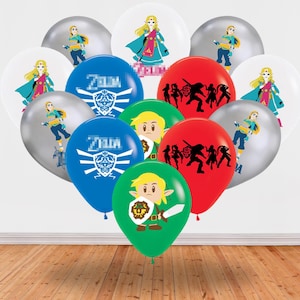 May include: A collection of colorful balloons featuring characters and symbols from the video game series, The Legend of Zelda. Balloons are blue, green, red, silver, and white. The balloons have images of Link, Zelda, and the Triforce.
