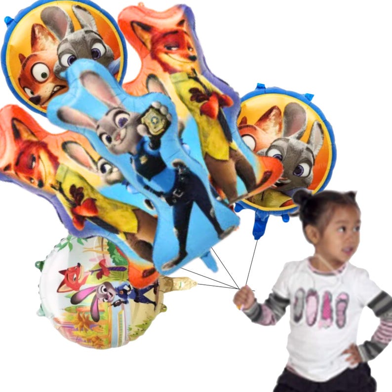 May include: A selection of Zootopia-themed foil balloons. The balloons depict Judy Hopps, Nick Wilde, and other characters from the animated film. The balloons are in various shapes and sizes, ideal for a children's party or celebration.
