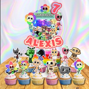 May include: A colorful birthday cake and cupcakes with character toppers. The cake has a rainbow design and a topper with the name "Alexis" and the number "7". The cupcakes have various cartoon character toppers.