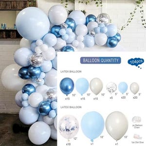 May include: A balloon arch in shades of blue, white, and silver. The arch is composed of various sizes of latex balloons, including metallic and confetti-filled options. The image also shows a breakdown of the balloon quantity, totaling 104 pieces.