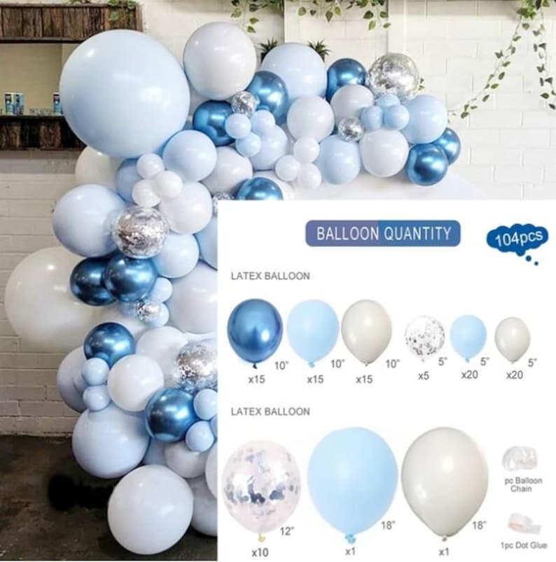 May include: A balloon arch in shades of blue, white, and silver. The arch is composed of various sizes of latex balloons, including metallic and confetti-filled options. The image also shows a breakdown of the balloon quantity, totaling 104 pieces.