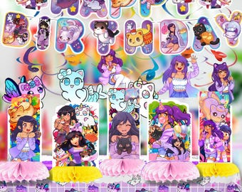 May include: A birthday party decoration set featuring a Happy Birthday banner with cartoon cats and anime-style characters, five vertical cardstock centerpieces with honeycomb bases, and a tablecloth with a grid pattern and cat illustrations.