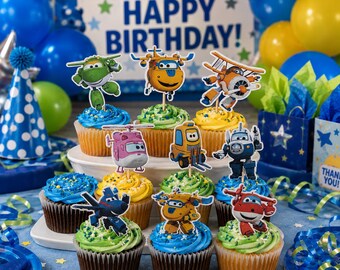 May include: A collection of cupcakes topped with colorful frosting and paper cutouts of cartoon airplanes and vehicles. The cupcakes feature blue, yellow, and green frosting, each adorned with a character topper from the Super Wings series.