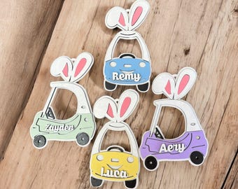 Custom Easter Basket Tag, Wooden Push Car Bunny Tag