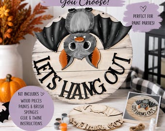 Cute Bat Halloween Door Hanger | "Let's Hang Out" Wood Door Sign | Halloween Porch Decor | DIY Paint Kit or Finished