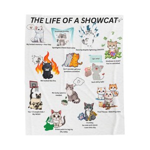以下が含まれることがあります： 猫の漫画イラストとテキストが描かれた白いスローケット。「The Life of a Showcat」、「My locked memory」、「I own this city」などのフレーズが含まれています。猫はさまざまなポーズをとっています。