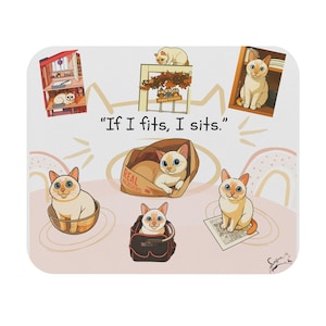 May include: A white rectangular mat featuring cartoon illustrations of cats in various settings. The phrase "If I fits, I sits" is written in black text. The cats are depicted in a variety of poses, including sitting in a box and on a shelf.