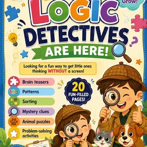 Puede incluir: Una portada de libro titulada Little Logic Detectives Are Here! que muestra a dos niños con sombreros de detective y lupas, un gato y un perro. La portada enumera actividades como acertijos y patrones para niños de 5 a 9 años de edad.