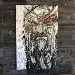 May include: A detailed painting of a warrior with a long, braided beard and a helmet. The artwork features a color palette of gray, white, and red, with visible brushstrokes. The warrior's eyes are intense, and the image has a textured appearance. The artwork is signed.