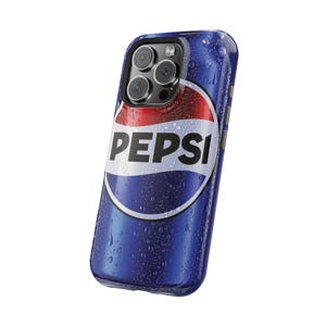 May include: A blue phone case featuring the Pepsi logo. The case has a design that mimics a Pepsi can, with the brand's logo in white, red, and blue. Water droplets are visible on the case, giving it a refreshing look.