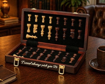 Personalisiertes magnetisches Holzschachspiel: klappbares Reisebrett mit extra Damen, handgefertigtes Geburtstagsgeschenk