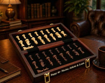 Personalized Engraved Chess Set - Handmade Wooden Board with 2 Extra Queens - Custom Gift for Couples, Anniversary, Luxury Travel Games