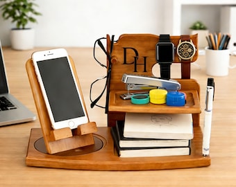 Personalized Wood Desk Organizer-Office Desk Accessories-Custom Tablet and Phone Stand- Custom Docking Station- Custom Organizer Gift