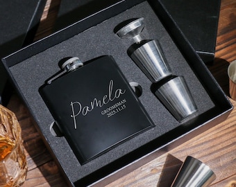 Personalized Black Matte Flask: Groomsmen Gift Set, Stainless Steel 6oz