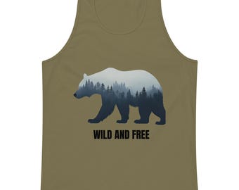 Camiseta sin mangas "Wild and Free" / Camiseta de entrenamiento con gráfico de oso / Camiseta unisex sin mangas "Nature Adventure"