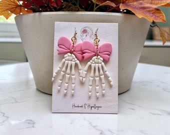 Skeleton Hands with Pink Bow Radiology Earrings Halloween X-Ray Tech Earrings Spooky Cute Polymer Clay Jewelry